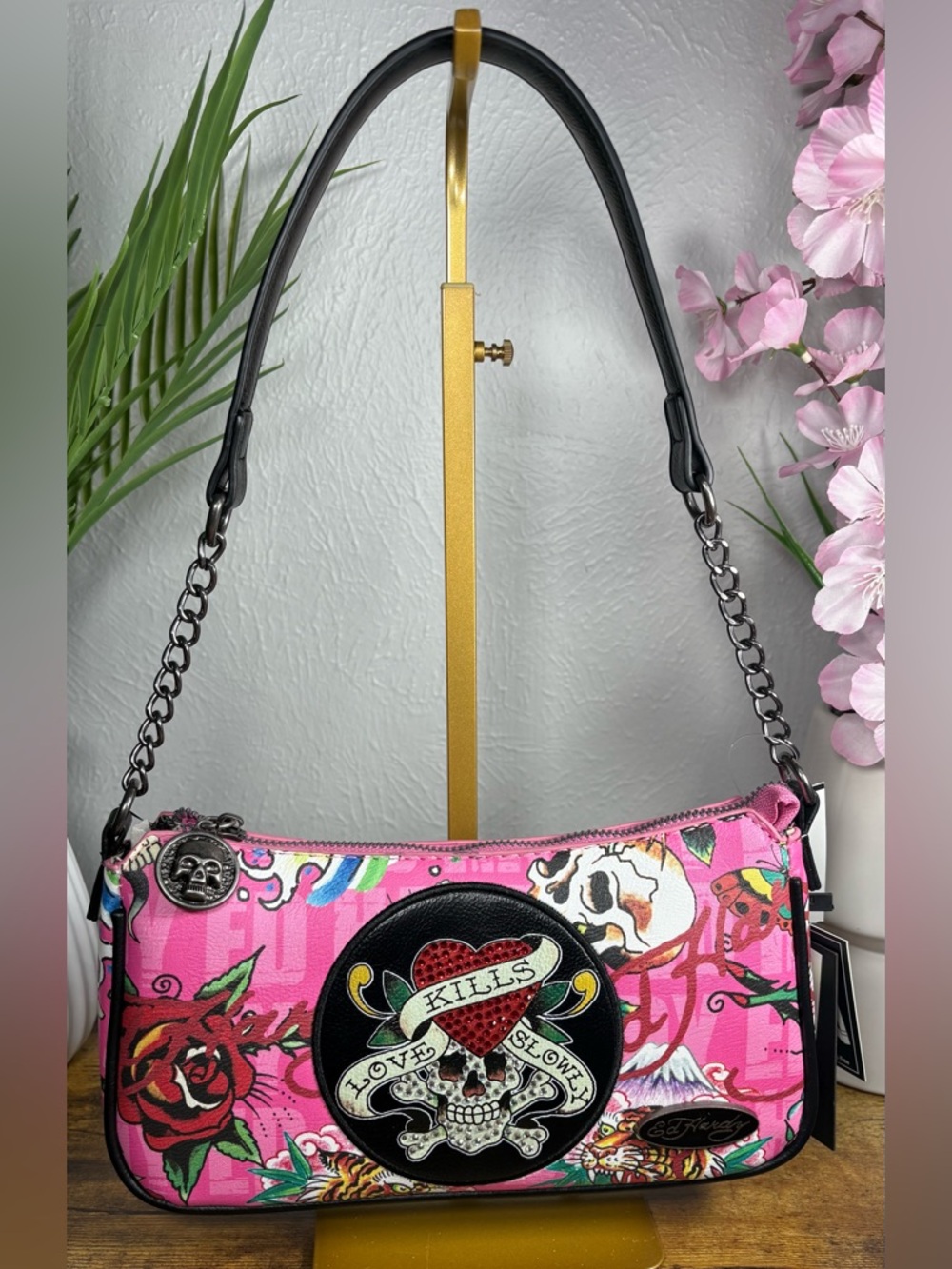 Ed Hardy Pink Tattoo-Print 'Love Kills Slowly' Shoulder Bag